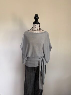 Vintage Y2K Grey Lightweight Knit Short Dolman Sleeve Balletcore Waist Tie Top